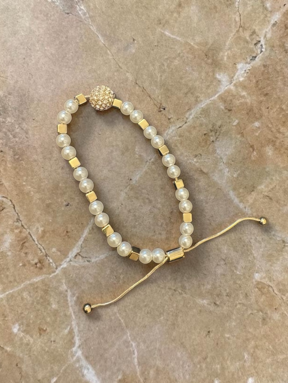 Gold Pearl Beaded Adjustable Bracelet
